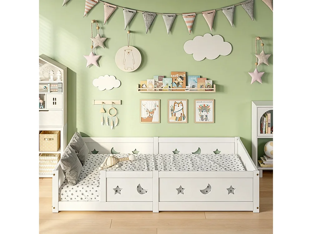 Lit de plancher convertible pour enfants - 140 x 200 cm - avec railings, découpes étoile et lune - bois de pin - blanc