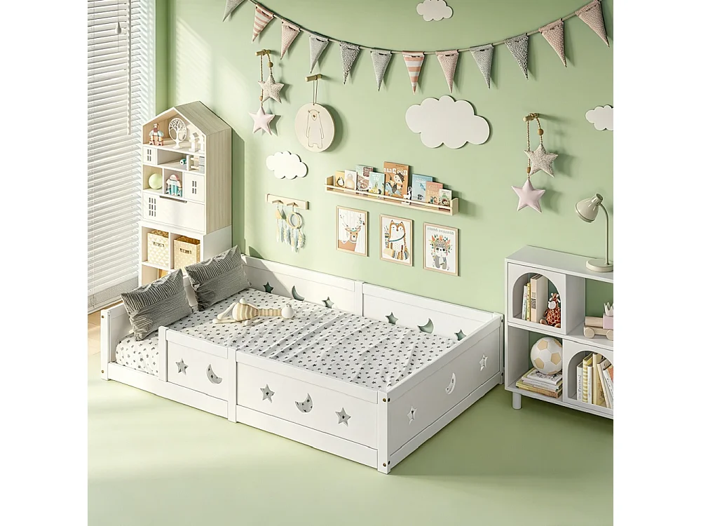 Lit de plancher convertible pour enfants - 140 x 200 cm - avec railings, découpes étoile et lune - bois de pin - blanc