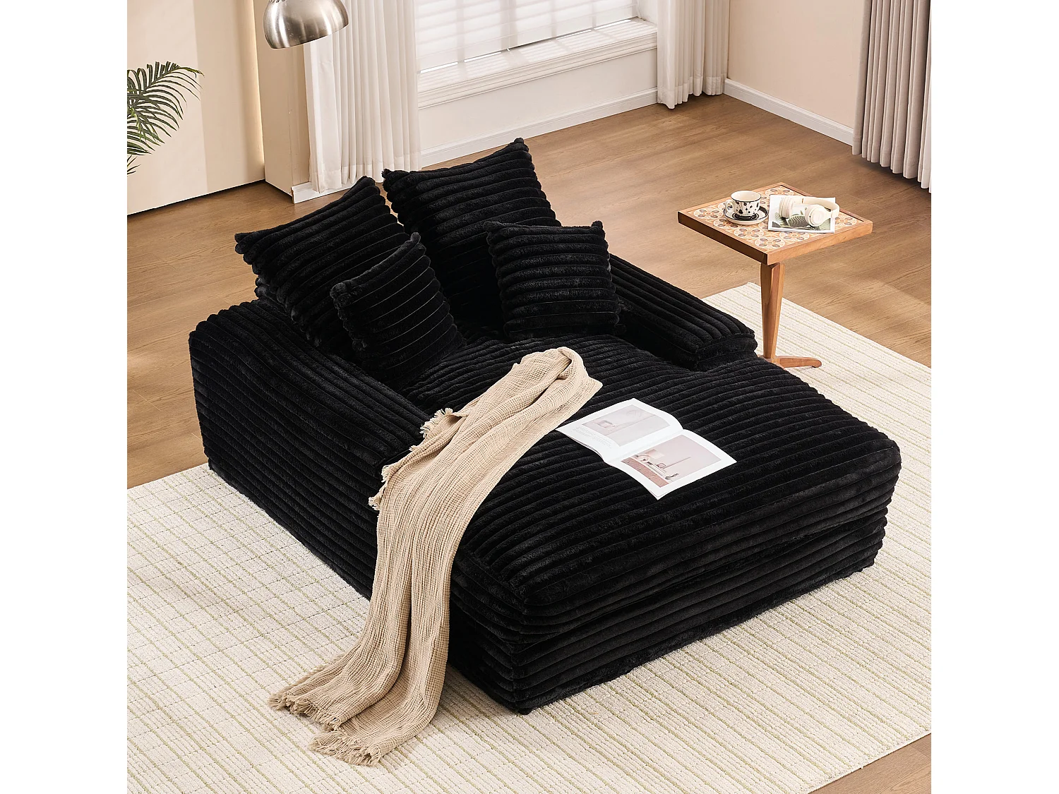 Canapé 1 place avec 4 coussins, en velours côtelé, noir, 175x137x63 cm