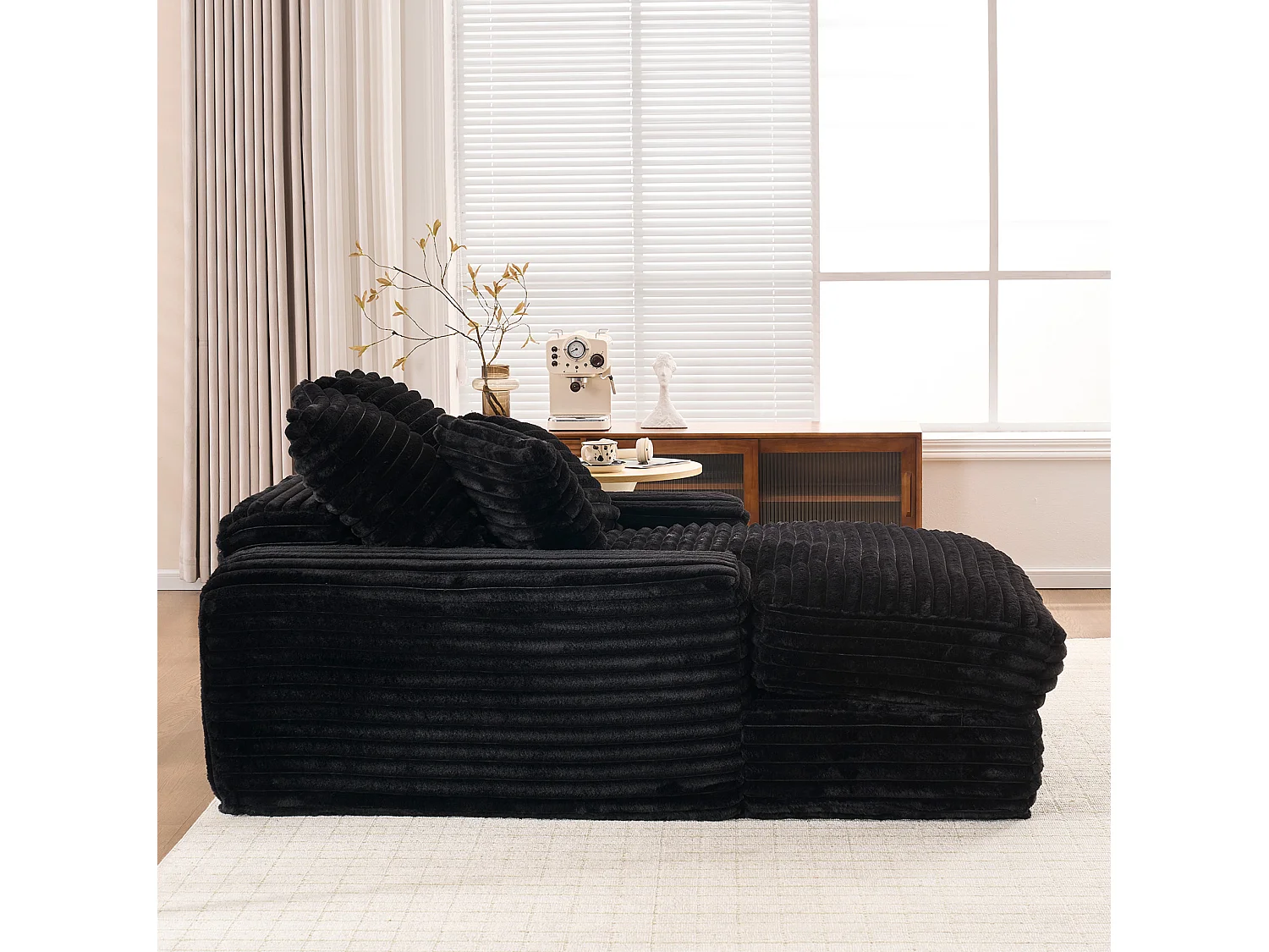 Canapé 1 place avec 4 coussins, en velours côtelé, noir, 175x137x63 cm