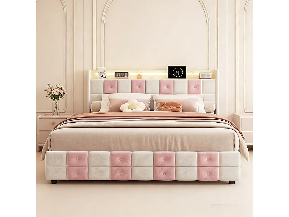 Lit rembourré - 140 x 200 cm - avec 4 tiroirs, lumière LED et port de charge USB - Velvet