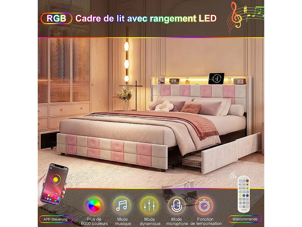 Lit rembourré - 140 x 200 cm - avec 4 tiroirs, lumière LED et port de charge USB - Velvet