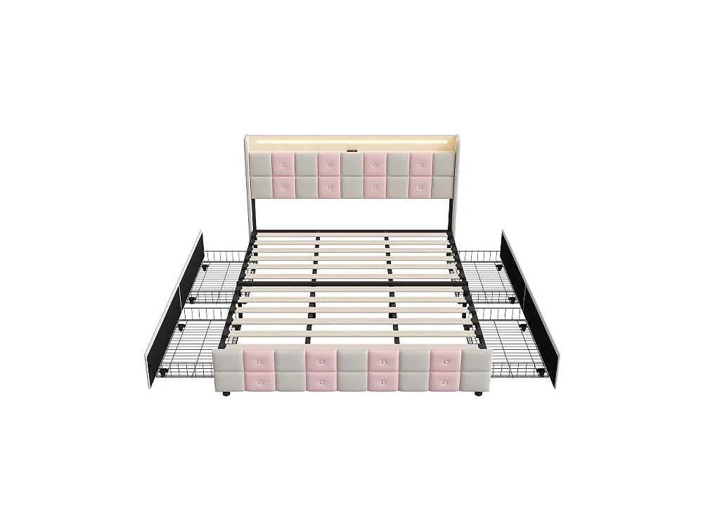 Lit rembourré - 140 x 200 cm - avec 4 tiroirs, lumière LED et port de charge USB - Velvet