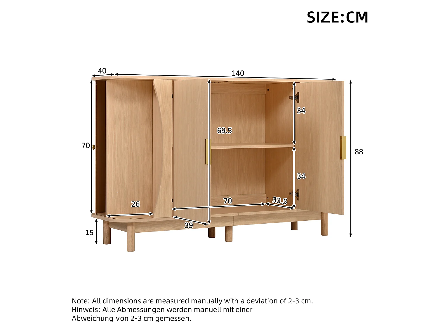 Buffet de salon avec 2 portes et étagère réglable, naturel, 140x40x88 cm