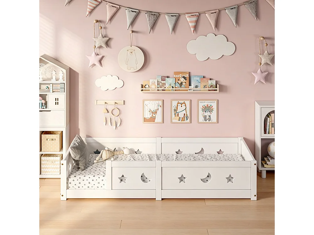 Lit de plancher convertible pour enfants - 90 x 200 cm - avec railings, découpes étoile et lune - bois de pin - blanc