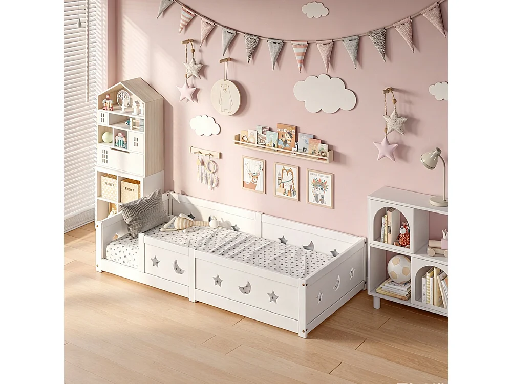 Lit de plancher convertible pour enfants - 90 x 200 cm - avec railings, découpes étoile et lune - bois de pin - blanc