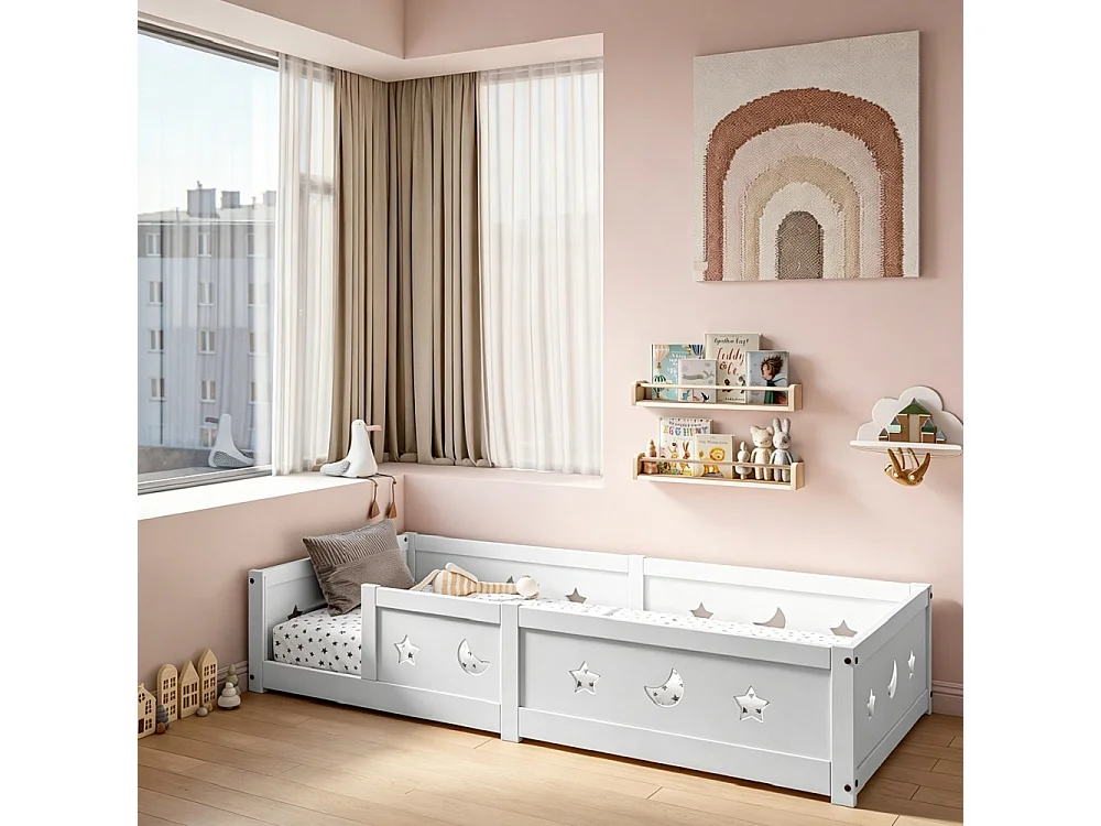 Lit de plancher convertible pour enfants - 90 x 200 cm - avec railings, découpes étoile et lune - bois de pin - blanc