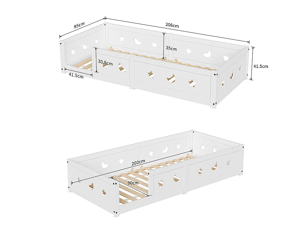 Lit de plancher convertible pour enfants - 90 x 200 cm - avec railings, découpes étoile et lune - bois de pin - blanc