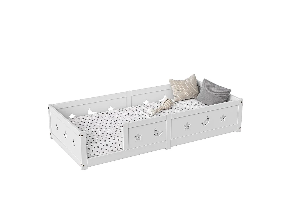 Lit de plancher convertible pour enfants - 90 x 200 cm - avec railings, découpes étoile et lune - bois de pin - blanc