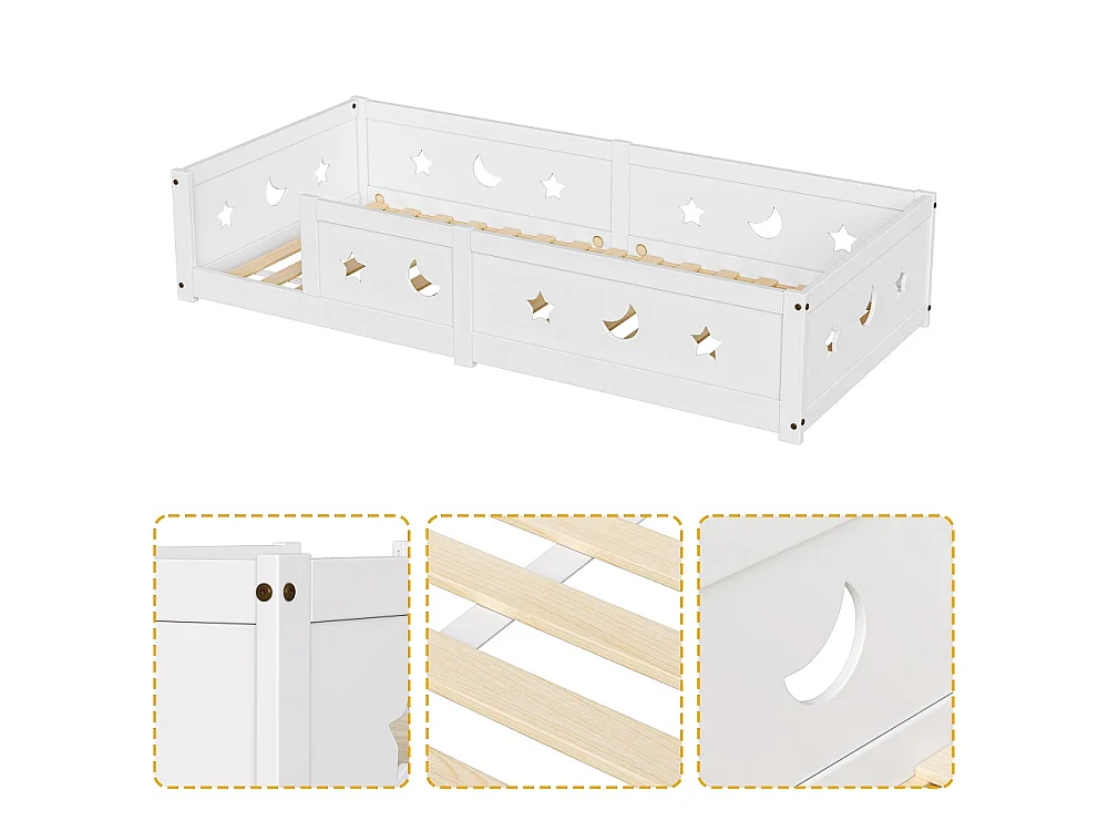 Lit de plancher convertible pour enfants - 90 x 200 cm - avec railings, découpes étoile et lune - bois de pin - blanc