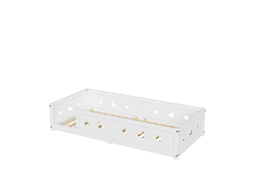 Lit de plancher convertible pour enfants - 90 x 200 cm - avec railings, découpes étoile et lune - bois de pin - blanc