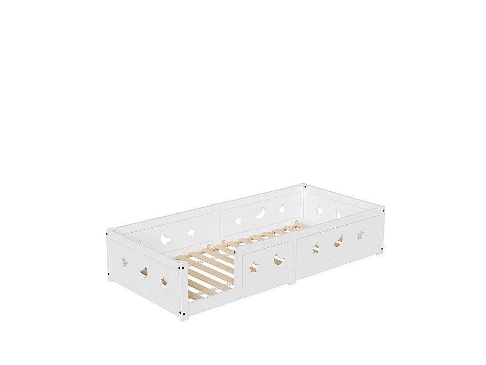 Lit de plancher convertible pour enfants - 90 x 200 cm - avec railings, découpes étoile et lune - bois de pin - blanc