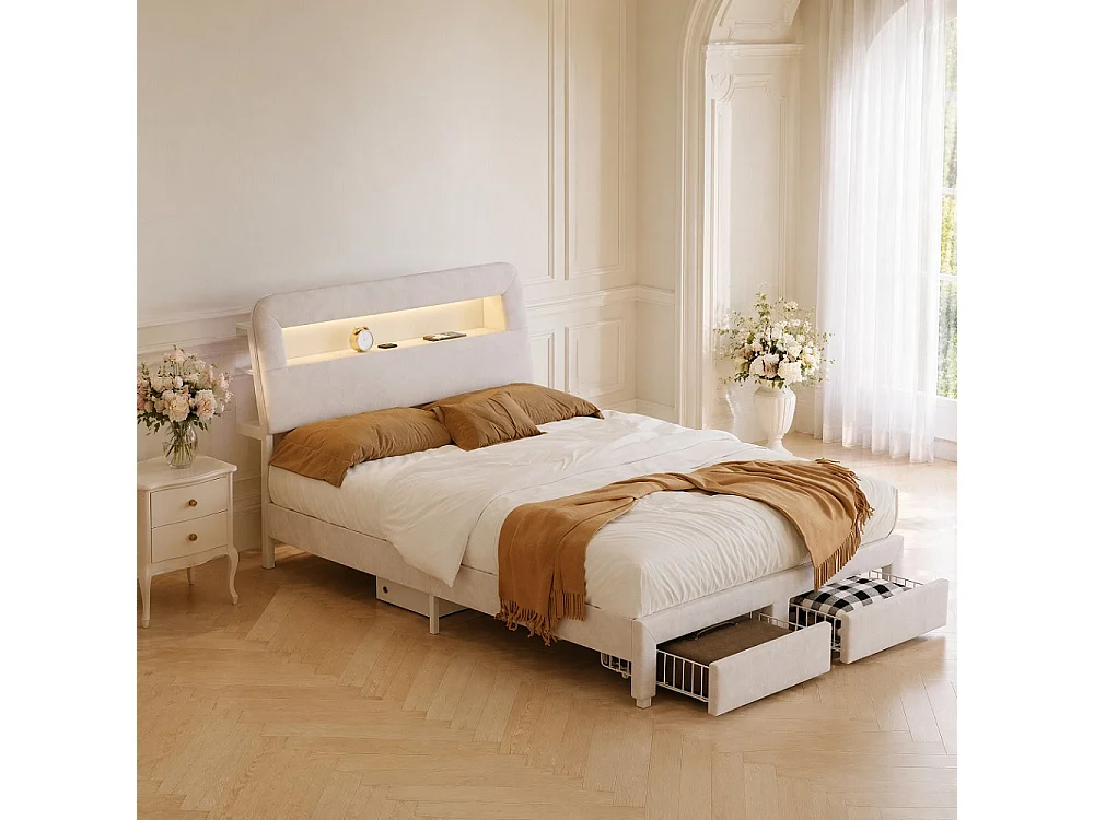 Lit de rangement - 140 x 200 cm - avec 2 tiroirs - Cabinet avec éclairage LED et station de charge - Tissu velours - beige