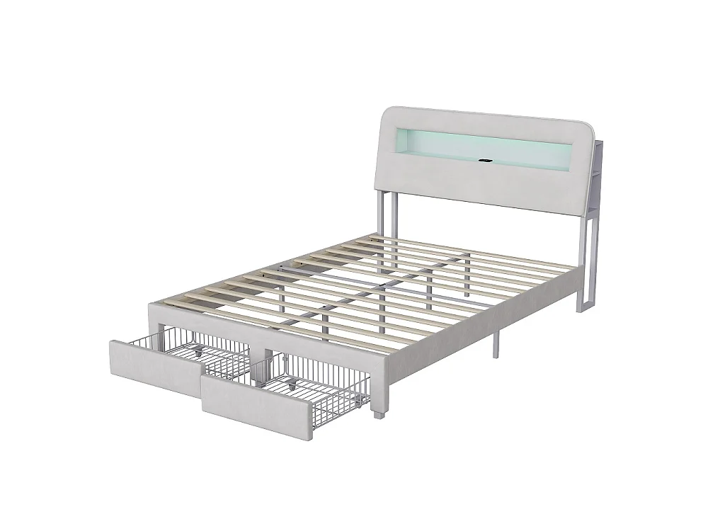 Lit de rangement - 140 x 200 cm - avec 2 tiroirs - Cabinet avec éclairage LED et station de charge - Tissu velours - beige