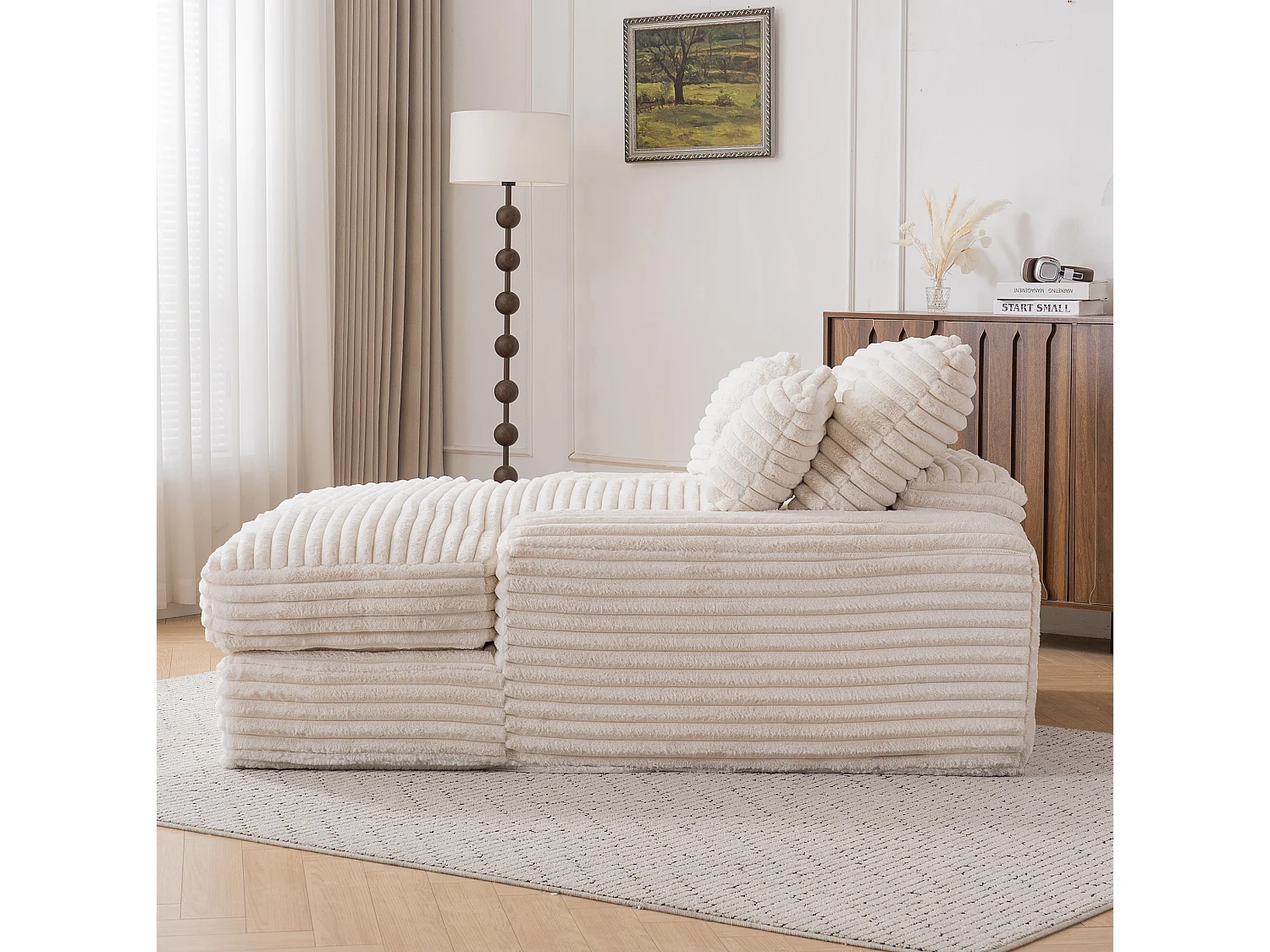 Sofá de 1 plaza con 4 cojines, pana, beige, 165x135x58 cm