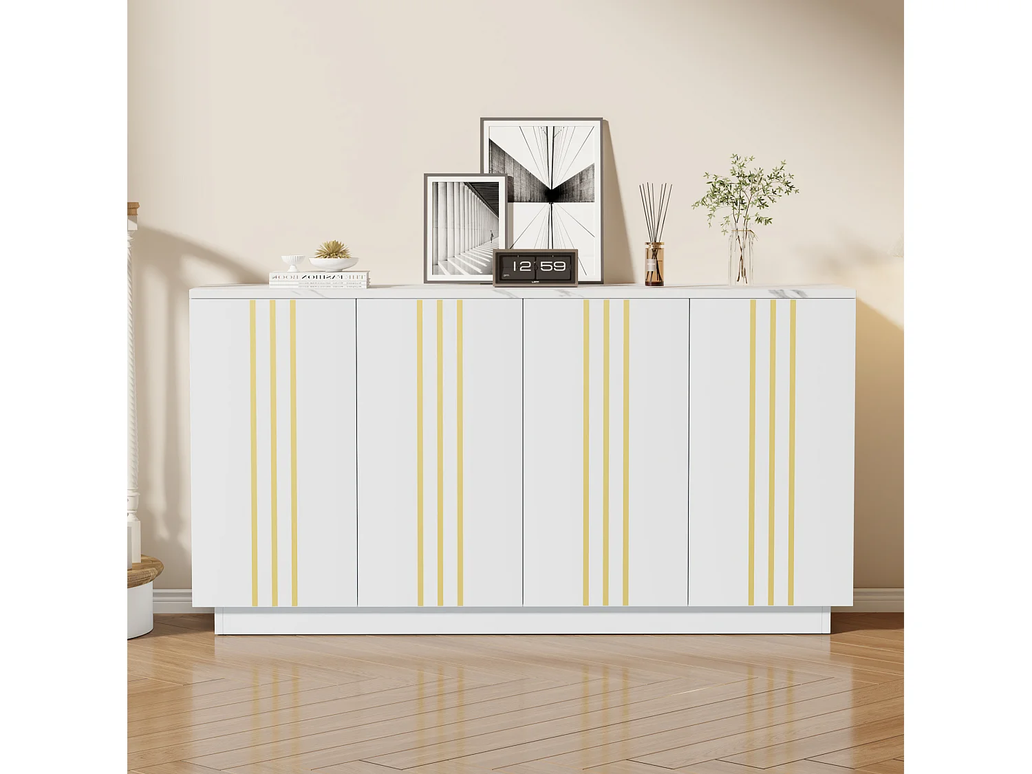 Buffet avec 4 portes et cloisons réglables, blanc et or, 140x35x70 cm