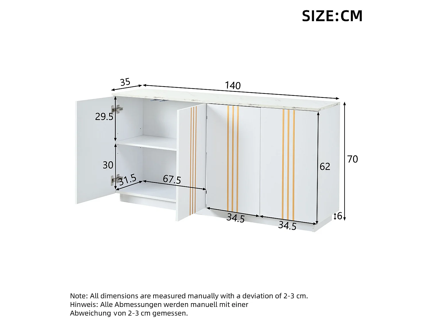 Buffet avec 4 portes et cloisons réglables, blanc et or, 140x35x70 cm