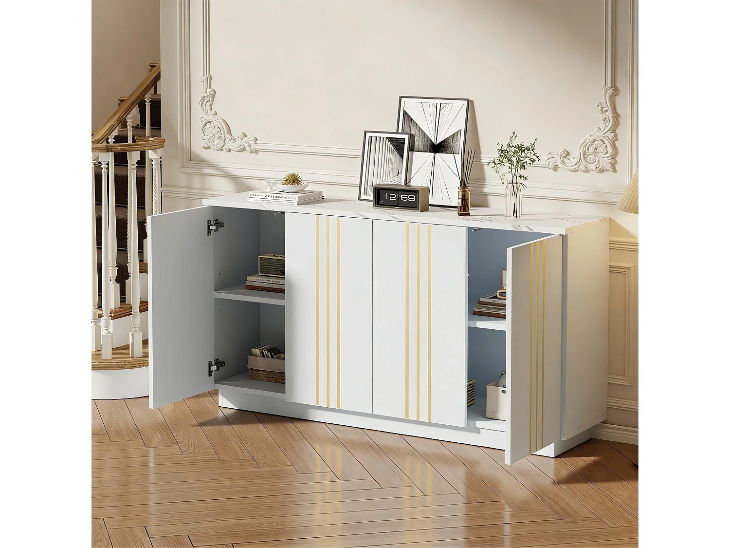 Buffet avec 4 portes et cloisons réglables, blanc et or, 140x35x70 cm