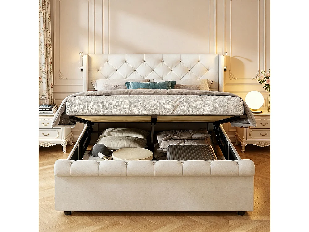 Lit de stockage hydraulique - 160 x 200 cm - avec lumières de lecture intégrées et charge USB - Velvet - Beige