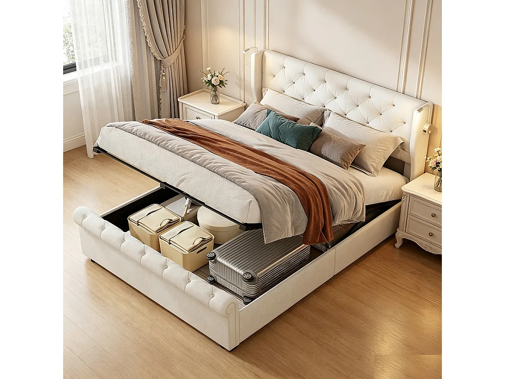 Lit de stockage hydraulique - 160 x 200 cm - avec lumières de lecture intégrées et charge USB - Velvet - Beige
