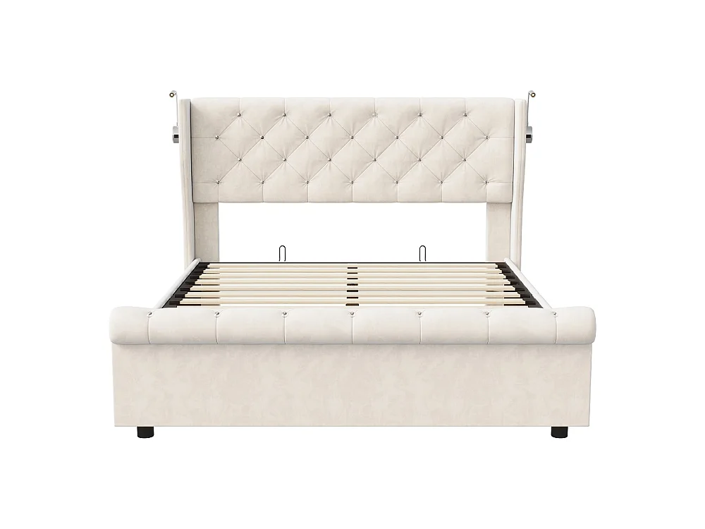 Lit de stockage hydraulique - 160 x 200 cm - avec lumières de lecture intégrées et charge USB - Velvet - Beige