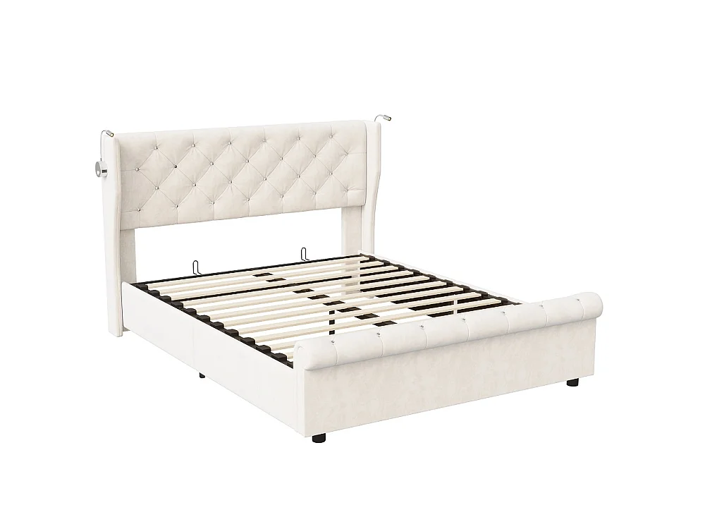 Lit de stockage hydraulique - 160 x 200 cm - avec lumières de lecture intégrées et charge USB - Velvet - Beige