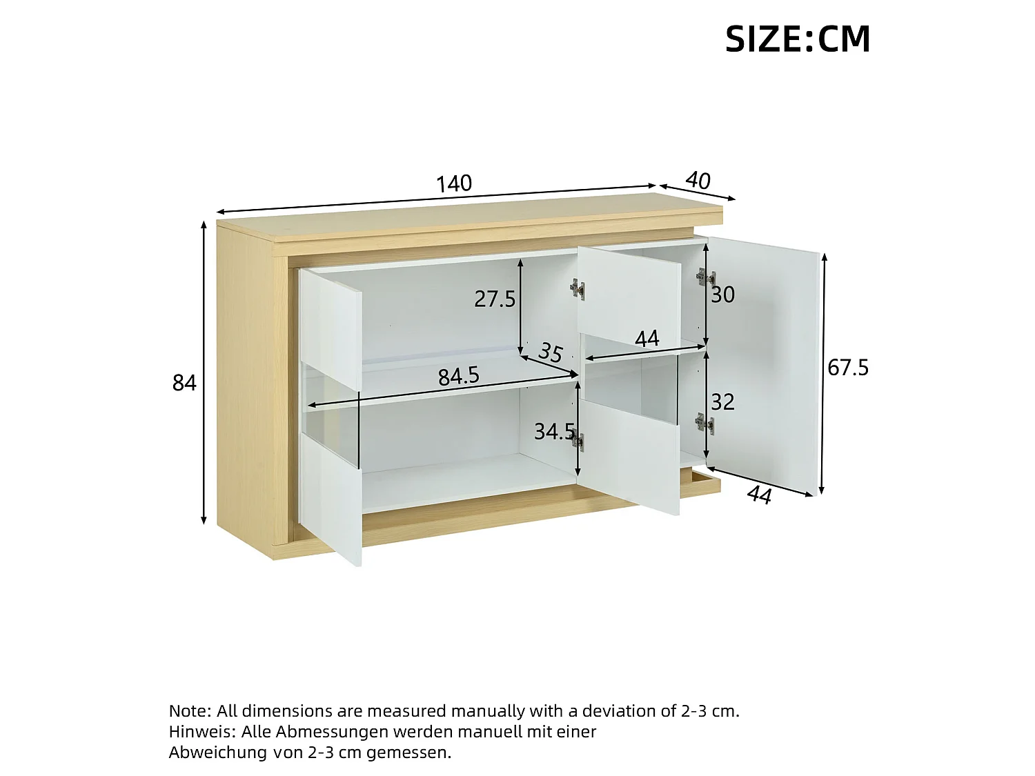 Buffet avec led, 3 portes, 4 compartiments et cloisons réglables, blanc et bois naturel, 140 x 40 x 84 cm