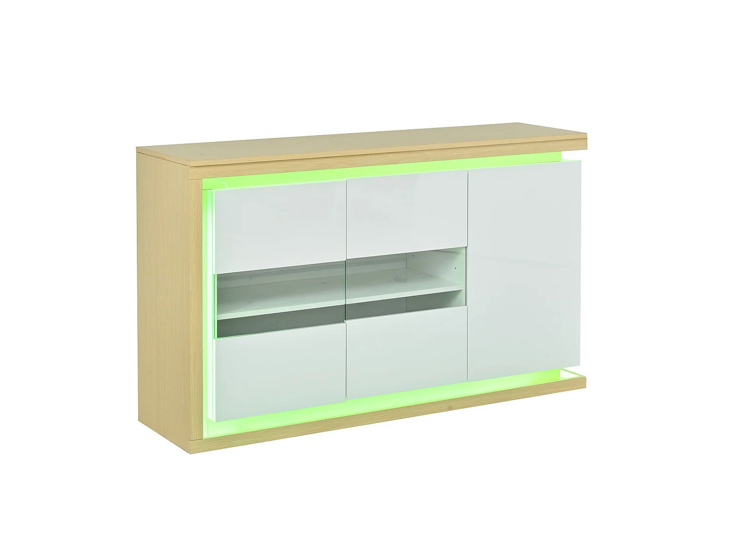 Buffet avec led, 3 portes, 4 compartiments et cloisons réglables, blanc et bois naturel, 140 x 40 x 84 cm