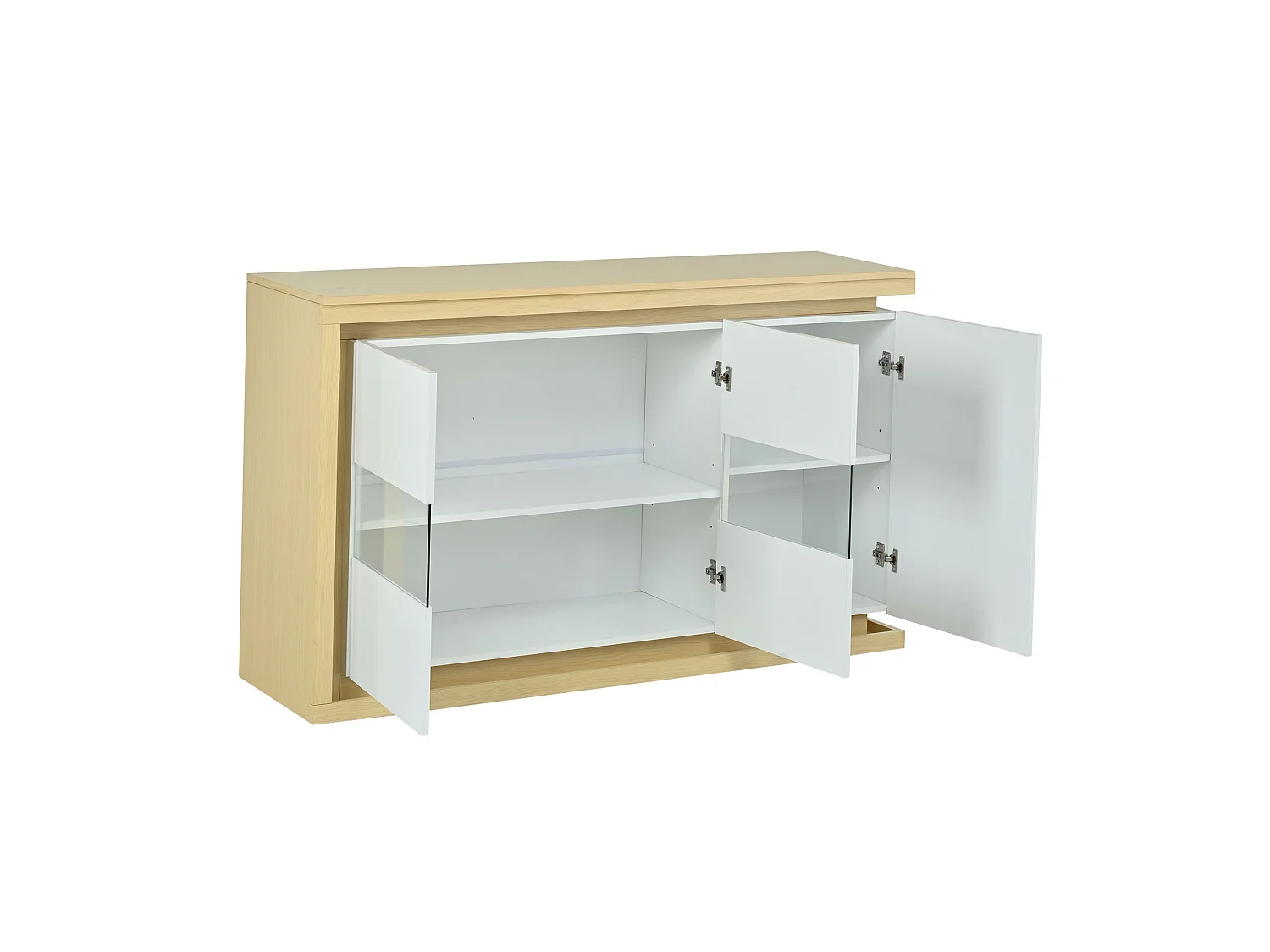 Buffet avec led, 3 portes, 4 compartiments et cloisons réglables, blanc et bois naturel, 140 x 40 x 84 cm