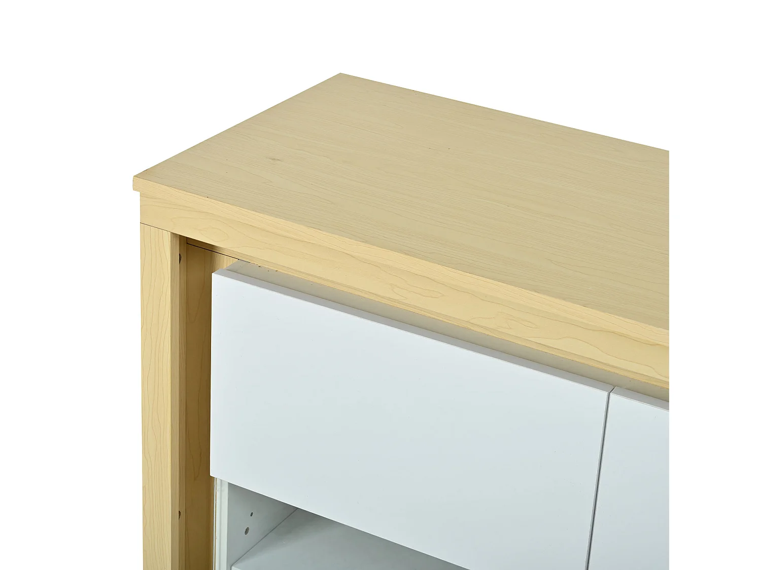 Buffet avec led, 3 portes, 4 compartiments et cloisons réglables, blanc et bois naturel, 140 x 40 x 84 cm