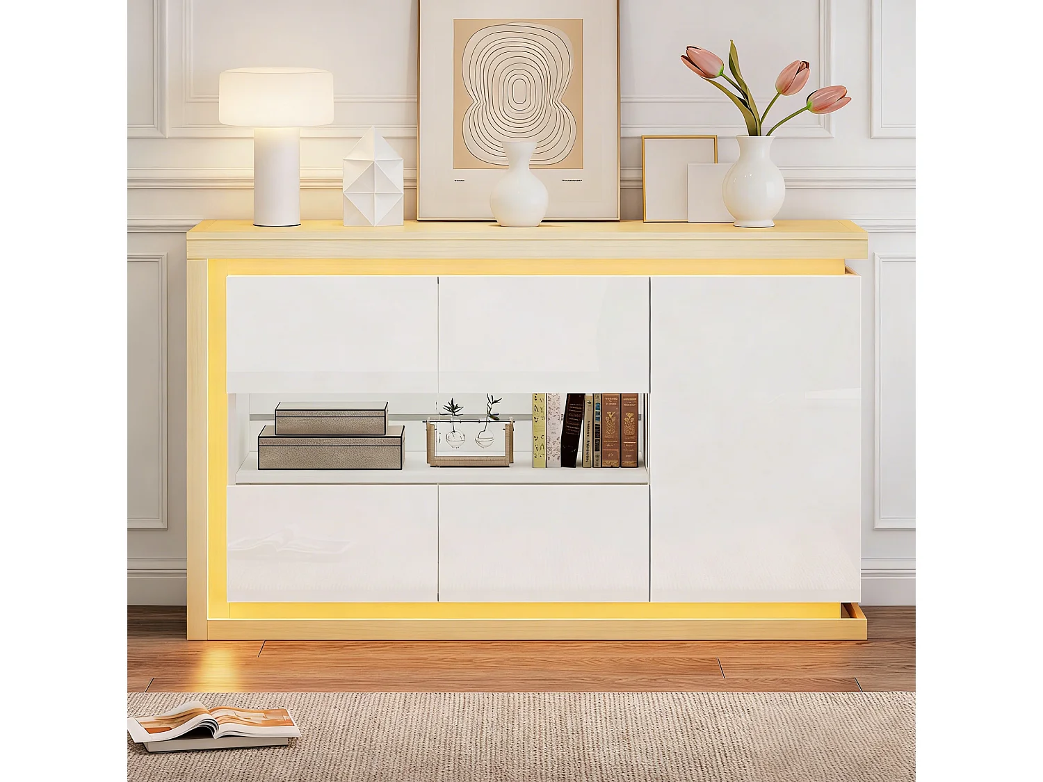 Buffet avec led, 3 portes, 4 compartiments et cloisons réglables, blanc et bois naturel, 140 x 40 x 84 cm