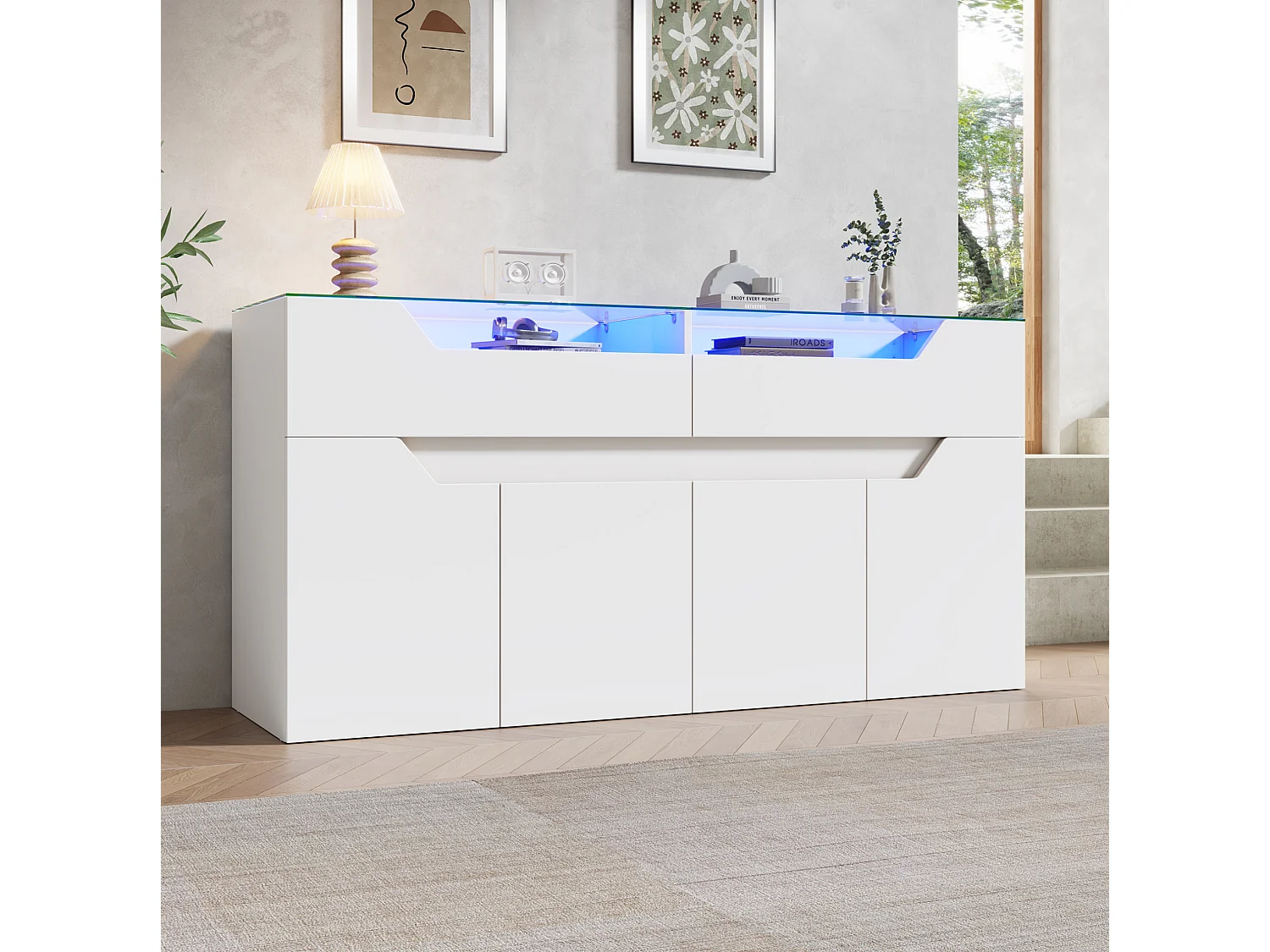 Buffet avec Led et 2 tiroirs, en MDF, blanc, 140 x 40 x 70 cm