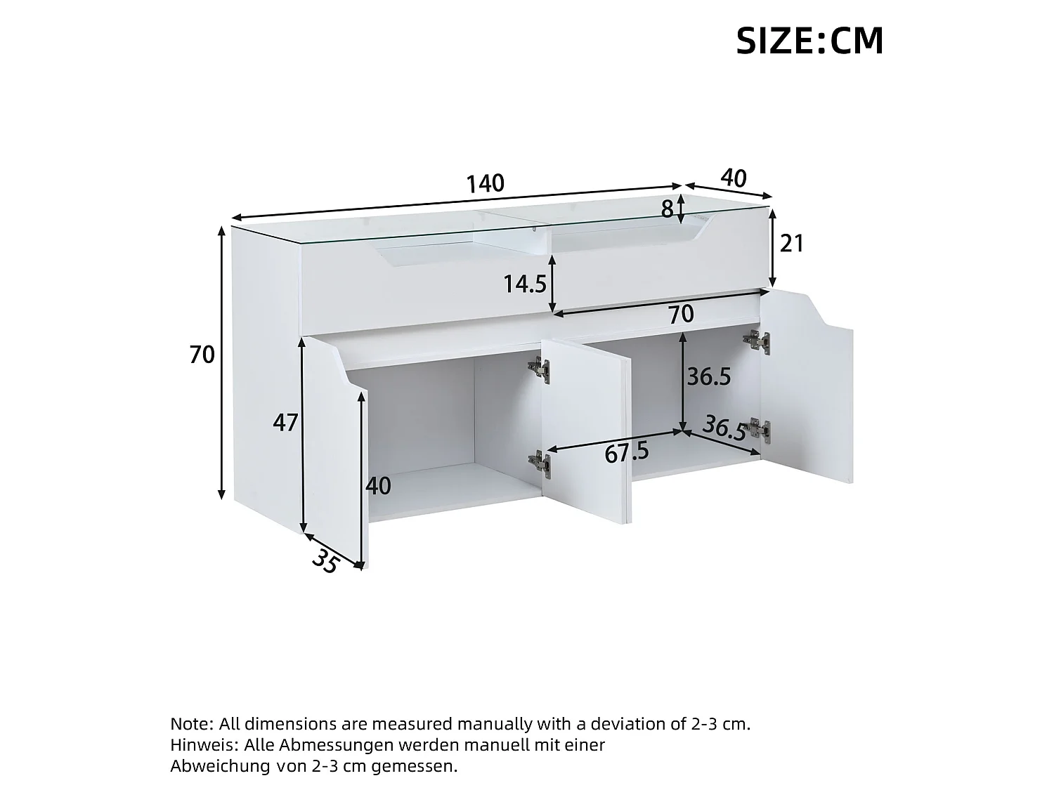 Buffet avec Led et 2 tiroirs, en MDF, blanc, 140 x 40 x 70 cm