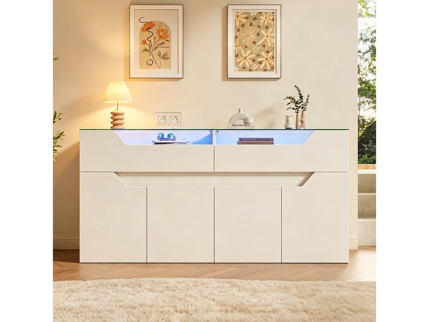 Buffet avec Led et 2 tiroirs, en MDF, blanc, 140 x 40 x 70 cm