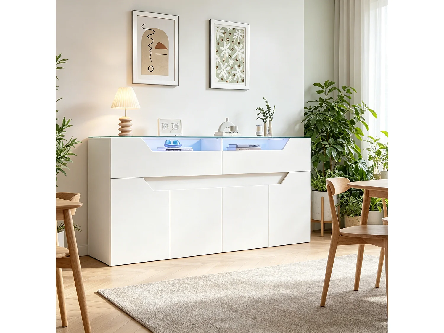Buffet avec Led et 2 tiroirs, en MDF, blanc, 140 x 40 x 70 cm