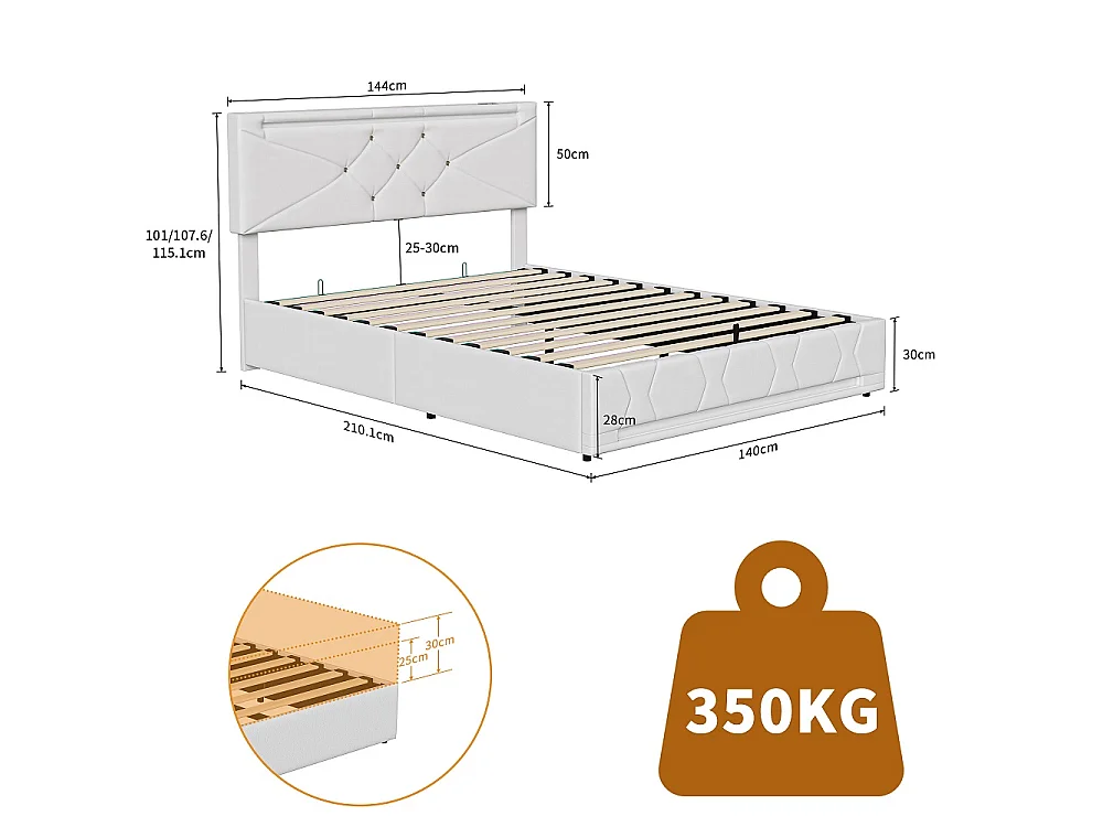 Lit hydraulique - 140 x 200 cm - Tête de tête réglable en hauteur - avec lumières LED et ports USB - Linge - Beige