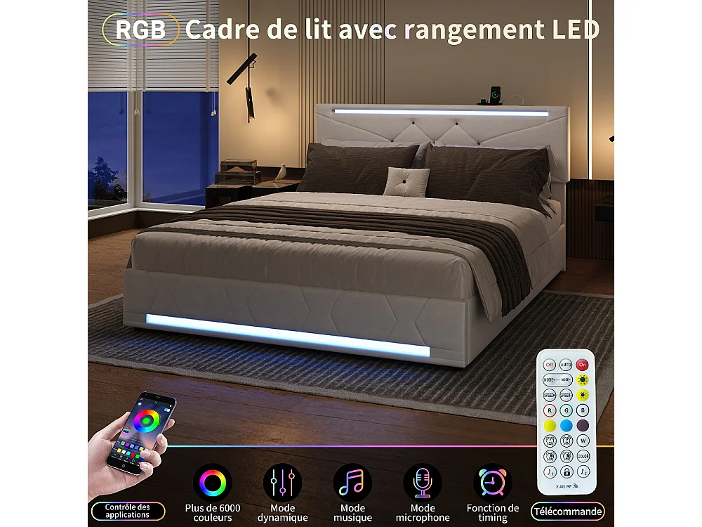 Lit hydraulique - 140 x 200 cm - Tête de tête réglable en hauteur - avec lumières LED et ports USB - Linge - Beige