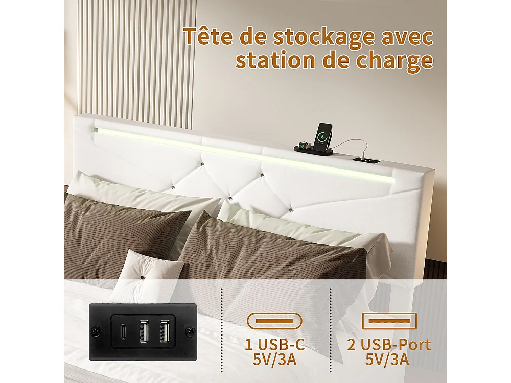 Lit hydraulique - 140 x 200 cm - Tête de tête réglable en hauteur - avec lumières LED et ports USB - Linge - Beige