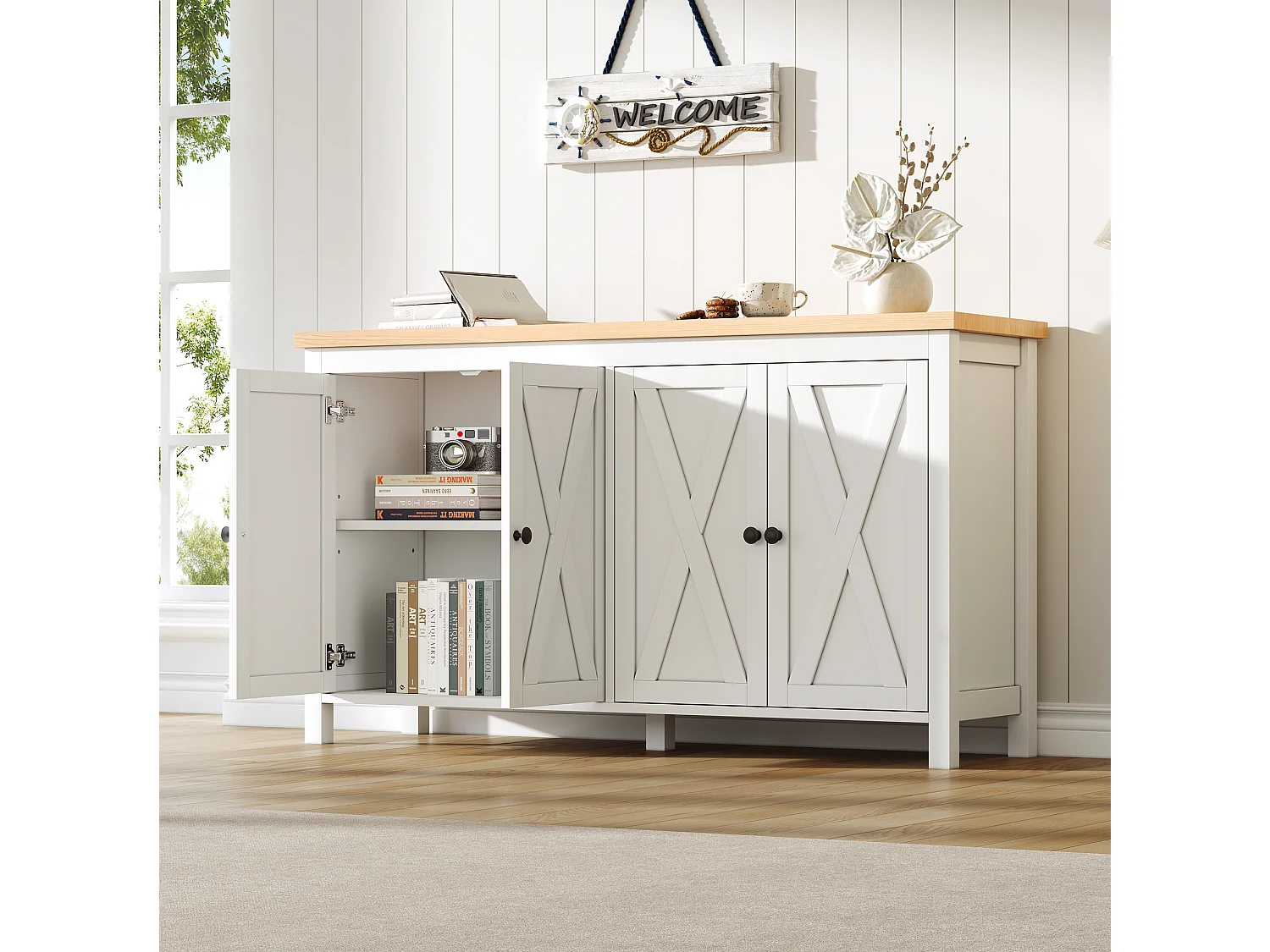 Buffet de cuisine avec 4 portes et 2 étagères réglables, blanc, 140 x 40 x 78 cm