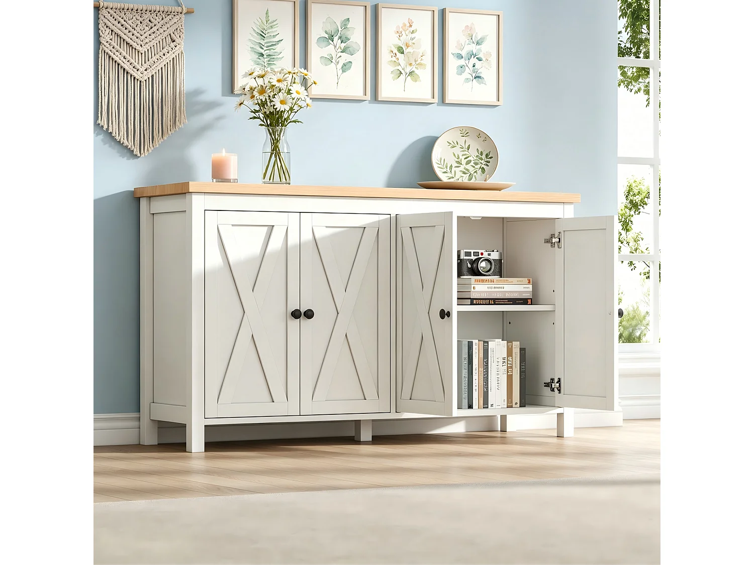 Buffet de cuisine avec 4 portes et 2 étagères réglables, blanc, 140 x 40 x 78 cm