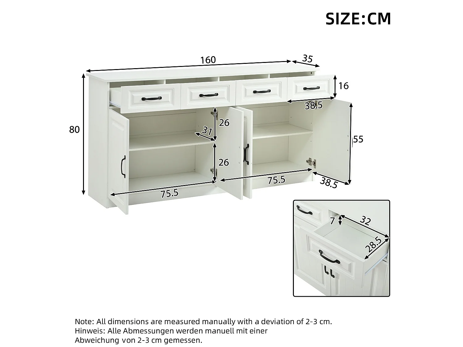 Buffet de cuisine avec 4 tiroirs, 4 portes et 2 étagères, blanc, 160 x 35 x 80 cm