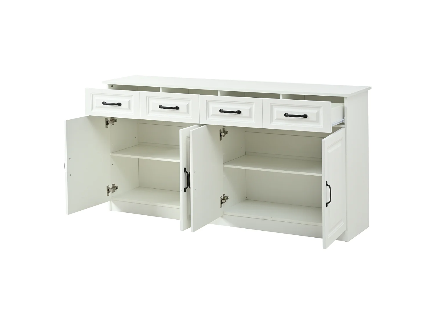 Buffet de cuisine avec 4 tiroirs, 4 portes et 2 étagères, blanc, 160 x 35 x 80 cm