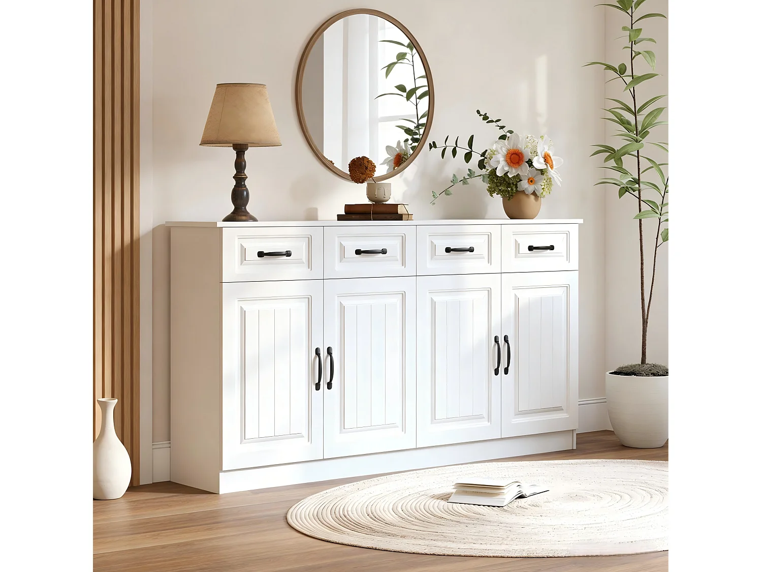 Buffet de cuisine avec 4 tiroirs, 4 portes et 2 étagères, blanc, 160 x 35 x 80 cm