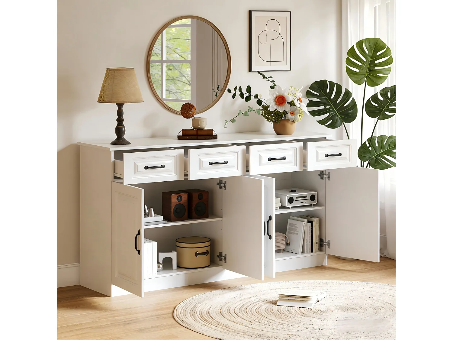 Buffet de cuisine avec 4 tiroirs, 4 portes et 2 étagères, blanc, 160 x 35 x 80 cm