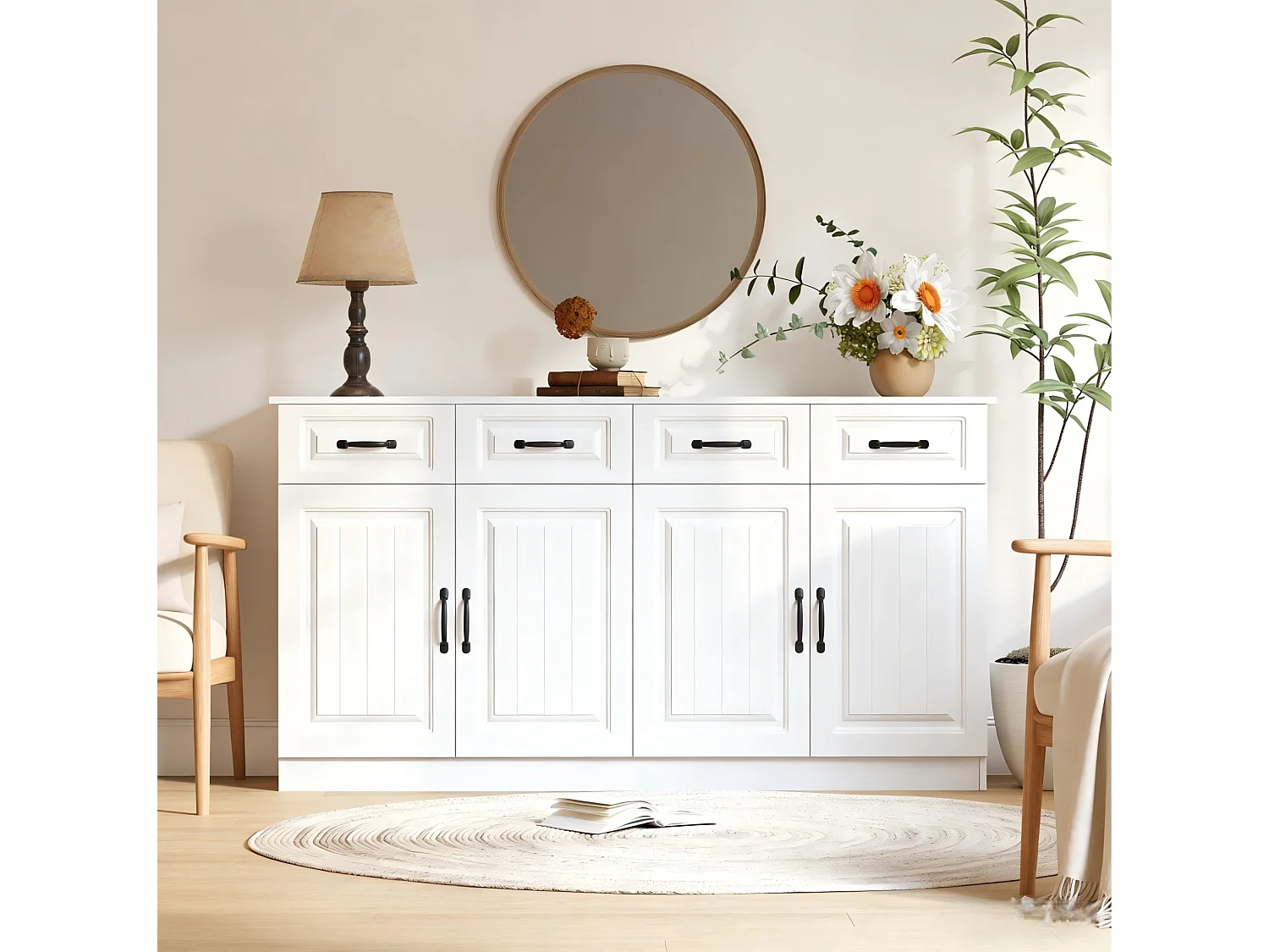 Buffet de cuisine avec 4 tiroirs, 4 portes et 2 étagères, blanc, 160 x 35 x 80 cm