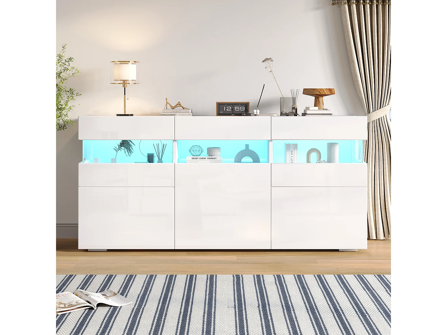 Buffet avec led, 3 portes et 7 espaces de rangement, blanc, 140 x 40,5 x 66,5 cm