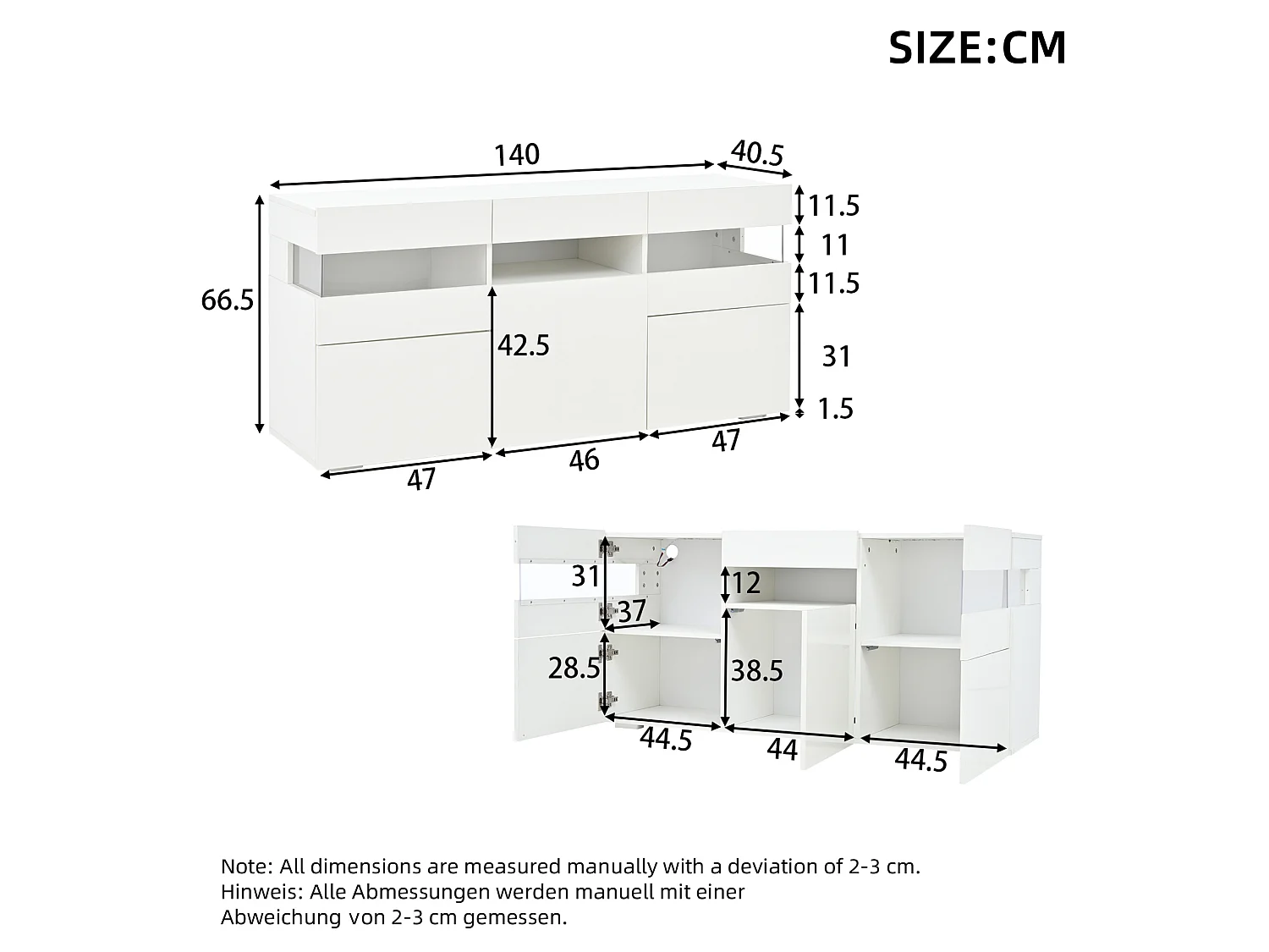 Buffet avec led, 3 portes et 7 espaces de rangement, blanc, 140 x 40,5 x 66,5 cm