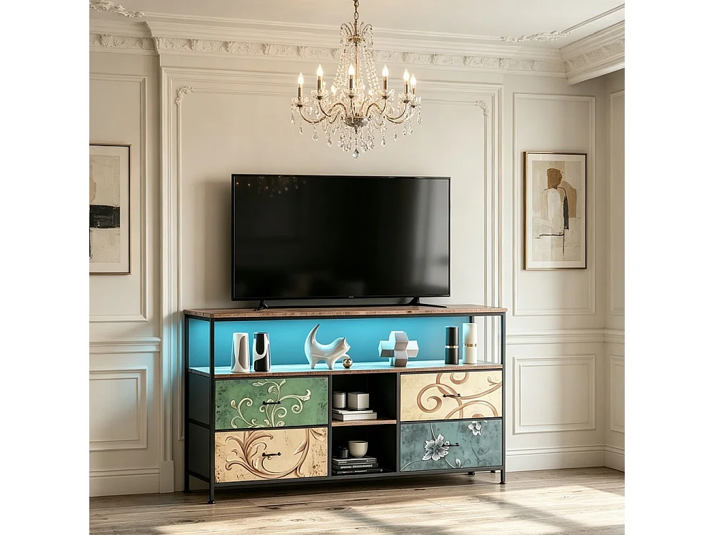 Supports TV - 137 x 30 x 78 cm - Avec éclairage LED - 4 tiroirs et compartiments ouverts & haut en bois & cadre métallique - coloré