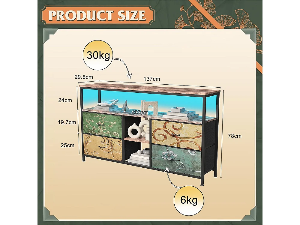 Supports TV - 137 x 30 x 78 cm - Avec éclairage LED - 4 tiroirs et compartiments ouverts & haut en bois & cadre métallique - coloré