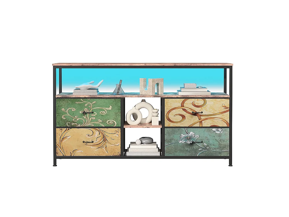 Supports TV - 137 x 30 x 78 cm - Avec éclairage LED - 4 tiroirs et compartiments ouverts & haut en bois & cadre métallique - coloré